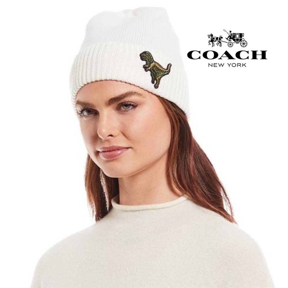 Coach Limited Edition Rexy Patch Cap Wool Beanie hat Dinosaur Patch Chalk White - Picture 1 of 7